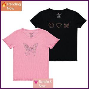 Girls Ribbed Tees 2-Pack with Rhinestone Graphics, Soft Stretchy Fabric